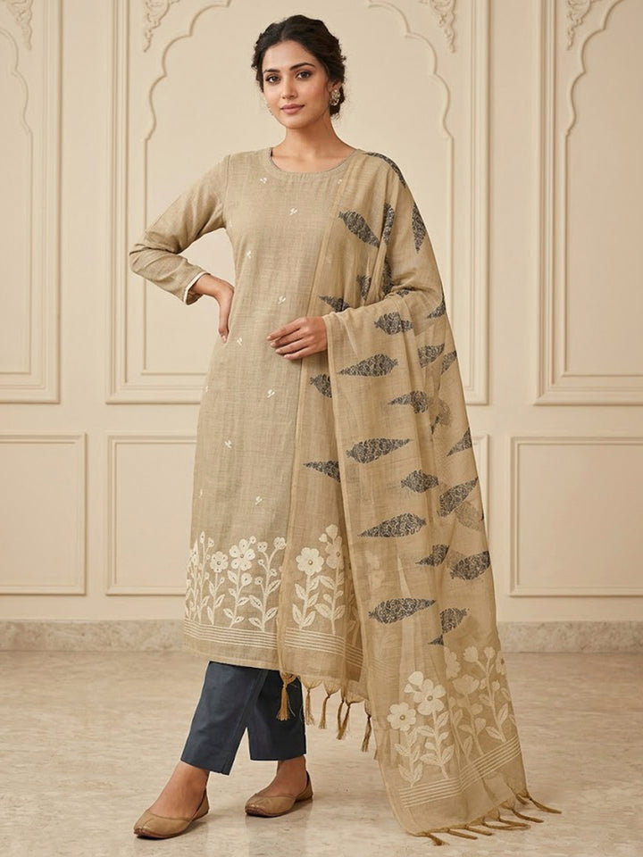 Beige Chanderi Printed Unstitched Dress Material