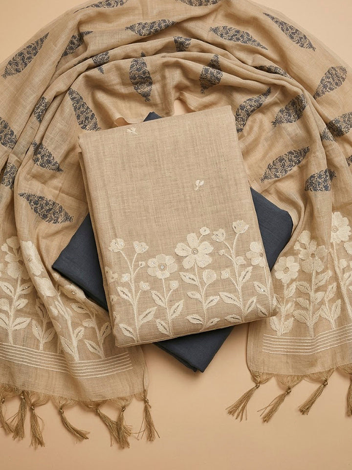 Beige Chanderi Printed Unstitched Dress Material