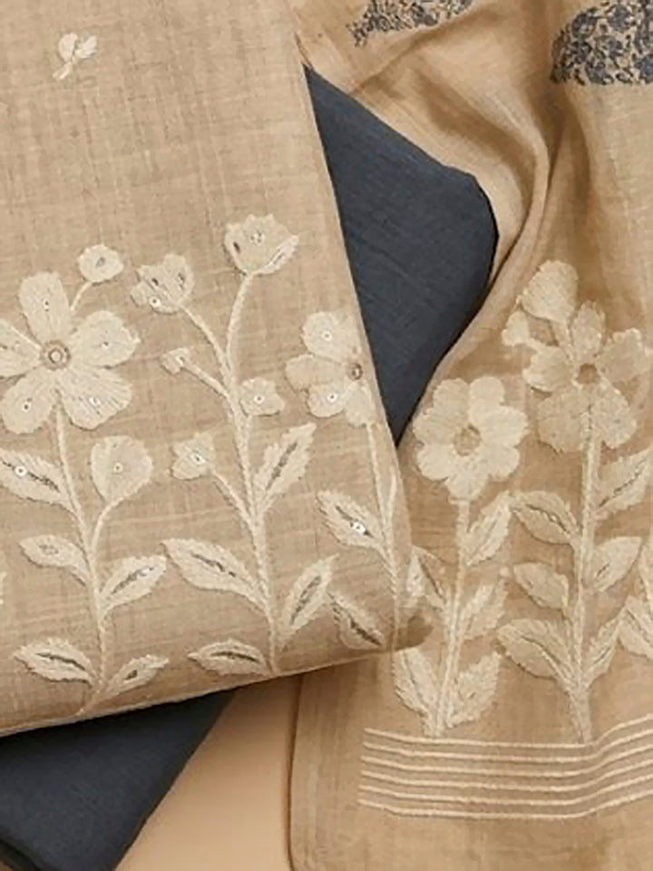 Beige Chanderi Printed Unstitched Dress Material