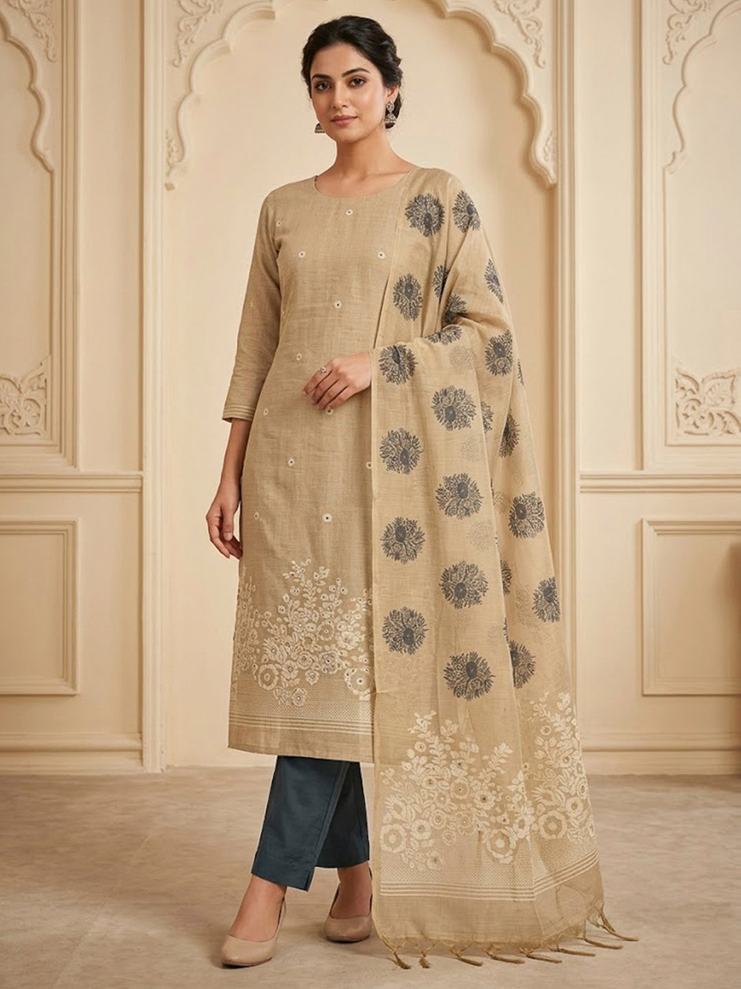 Beige Chanderi Printed Unstitched Dress Material