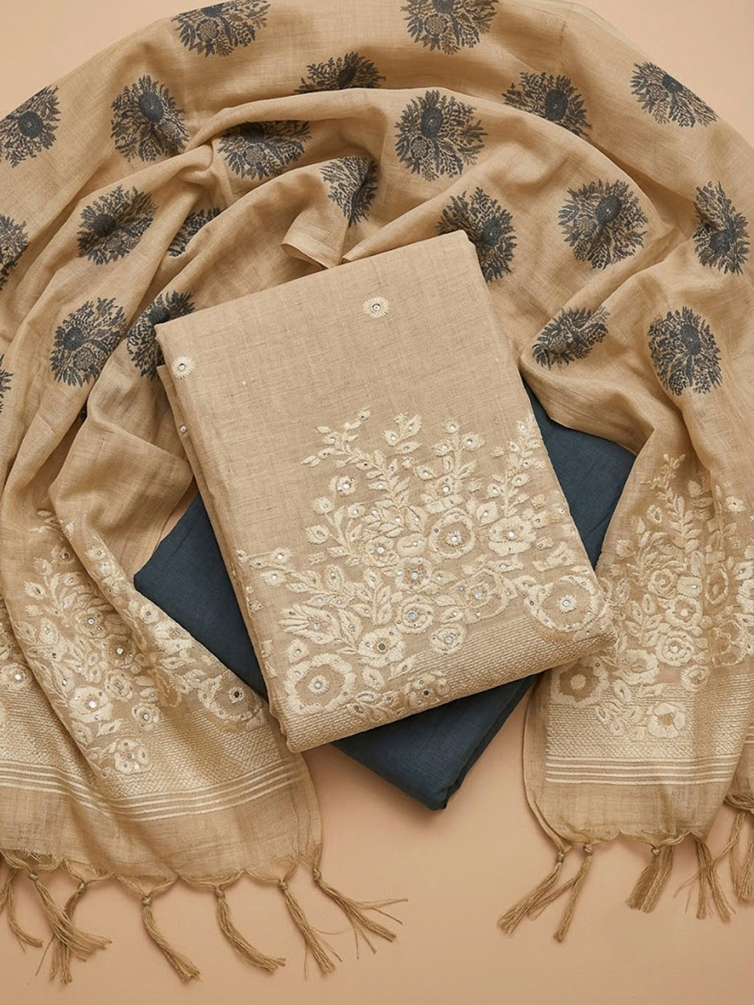 Beige Chanderi Printed Unstitched Dress Material