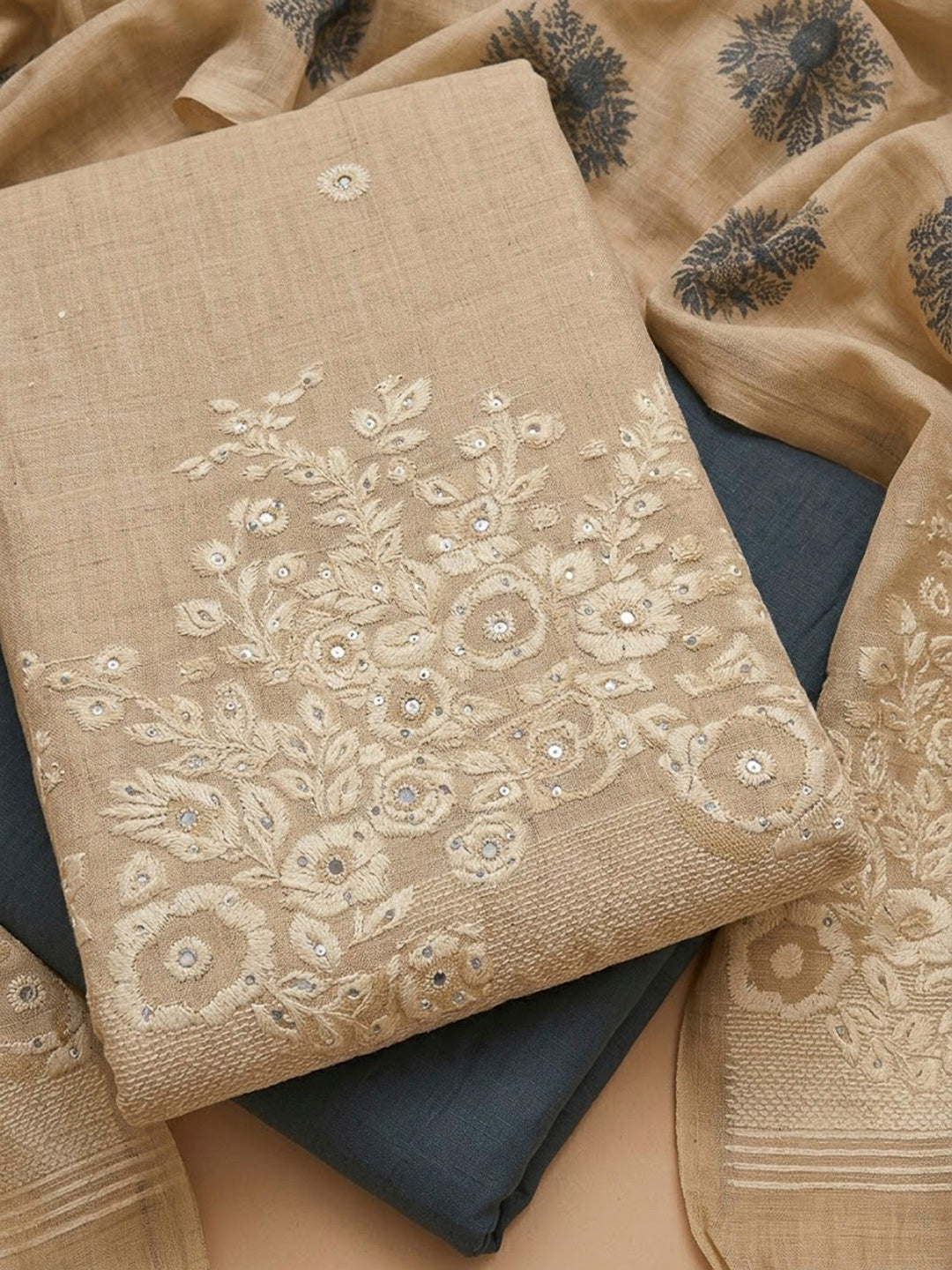 Beige Chanderi Printed Unstitched Dress Material