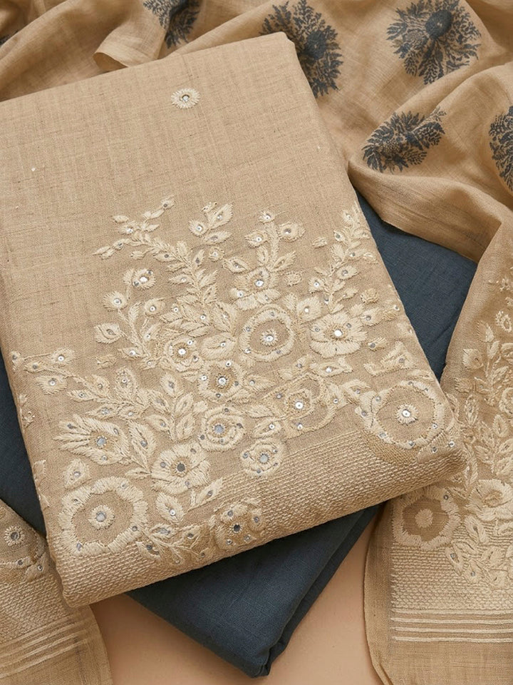 Beige Chanderi Printed Unstitched Dress Material