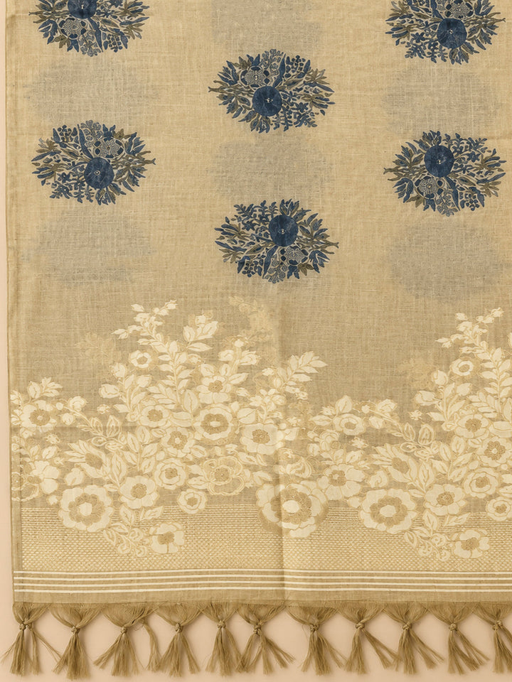 Beige Chanderi Printed Unstitched Dress Material