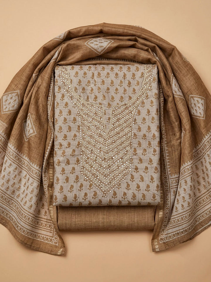 Beige Art Silk Embroidered Unstitched Dress Material
