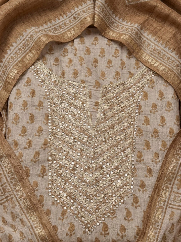 Beige Art Silk Embroidered Unstitched Dress Material