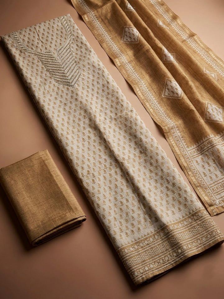 Beige Art Silk Embroidered Unstitched Dress Material