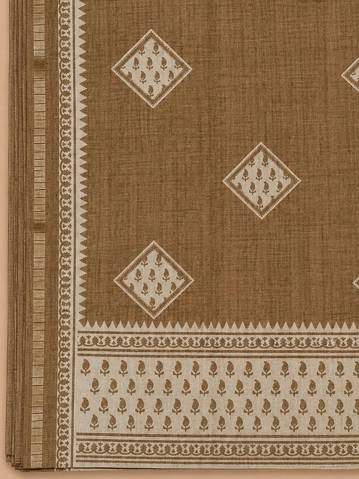 Beige Art Silk Embroidered Unstitched Dress Material