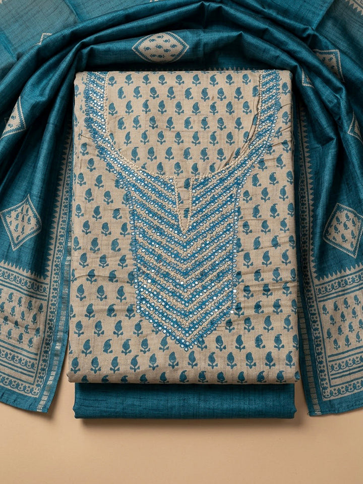 Blue Art Silk Embroidered Unstitched Dress Material