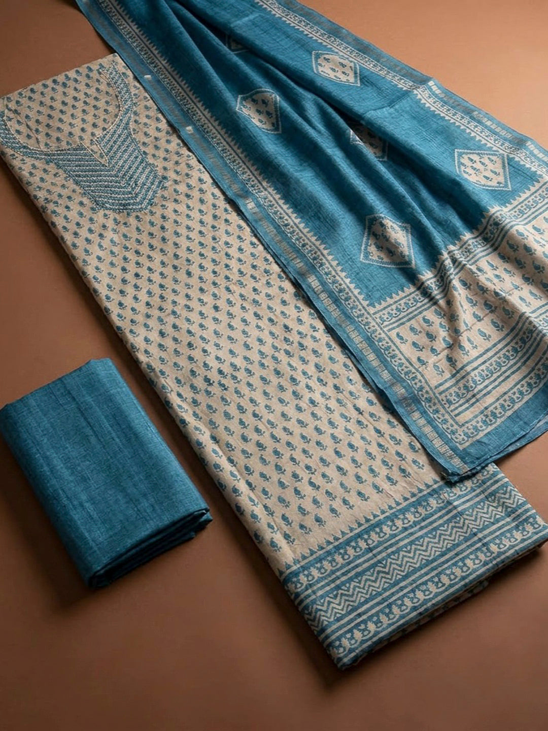 Blue Art Silk Embroidered Unstitched Dress Material