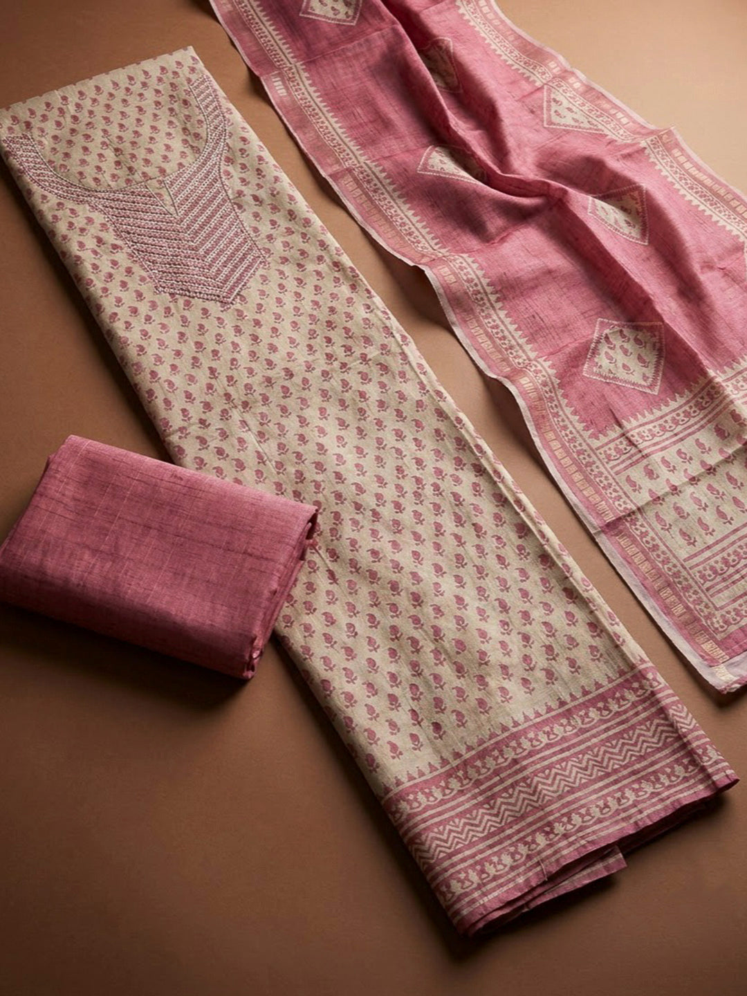 Onion Pink Art Silk Embroidered Unstitched Dress Material