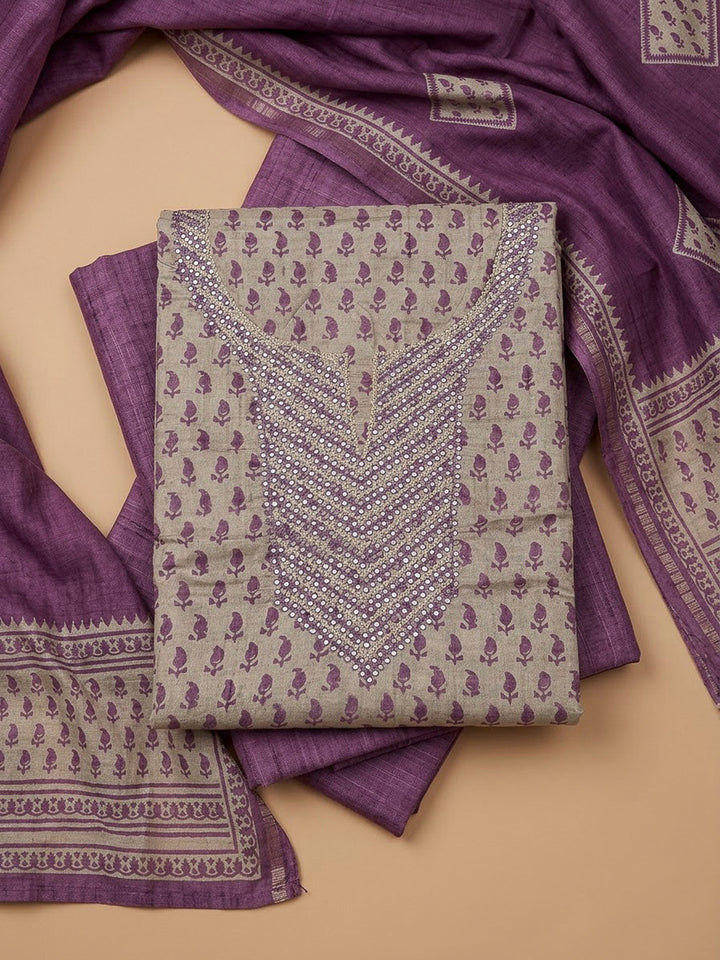 Purple Art Silk Embroidered Unstitched Dress Material