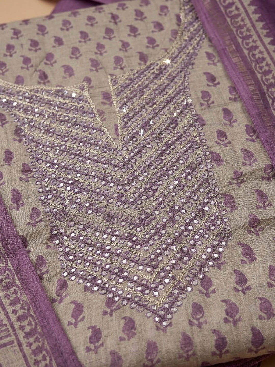 Purple Art Silk Embroidered Unstitched Dress Material