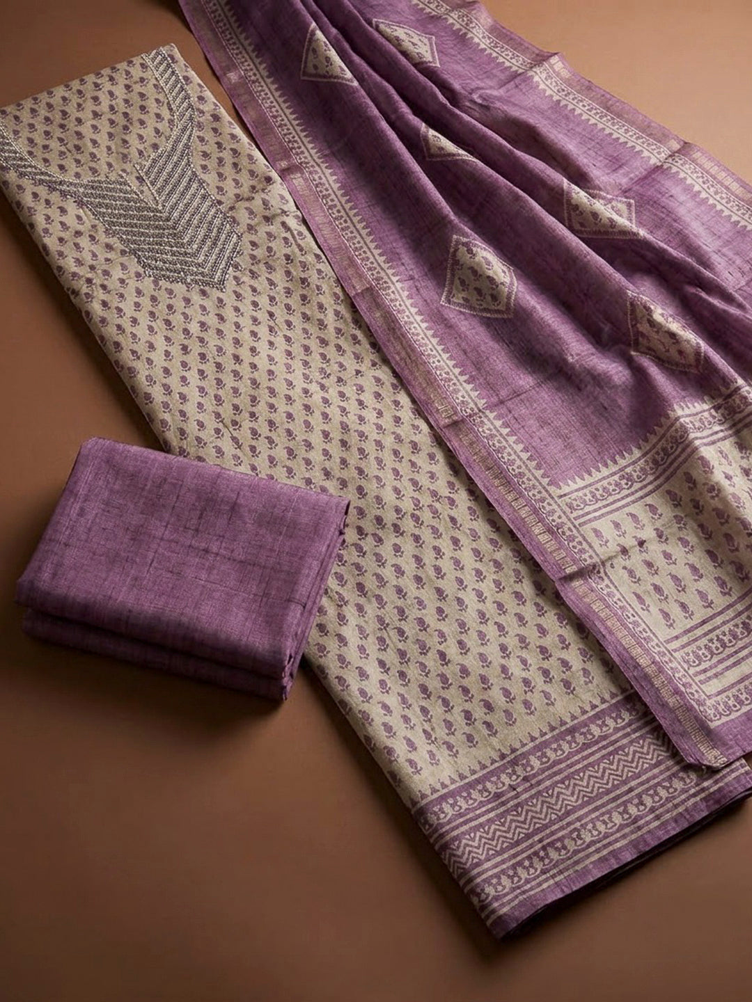 Purple Art Silk Embroidered Unstitched Dress Material