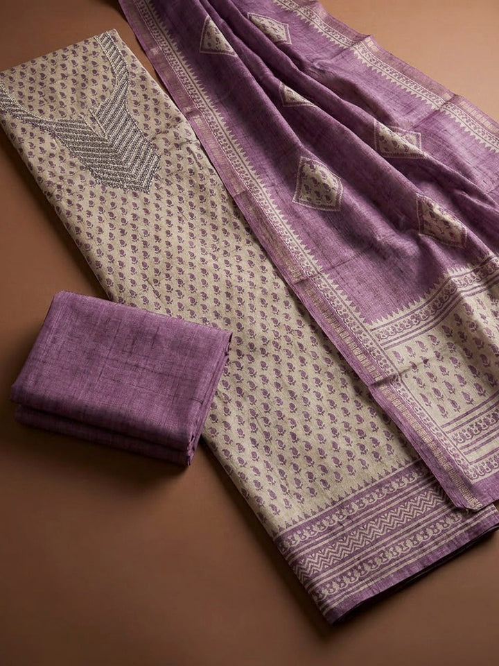 Purple Art Silk Embroidered Unstitched Dress Material
