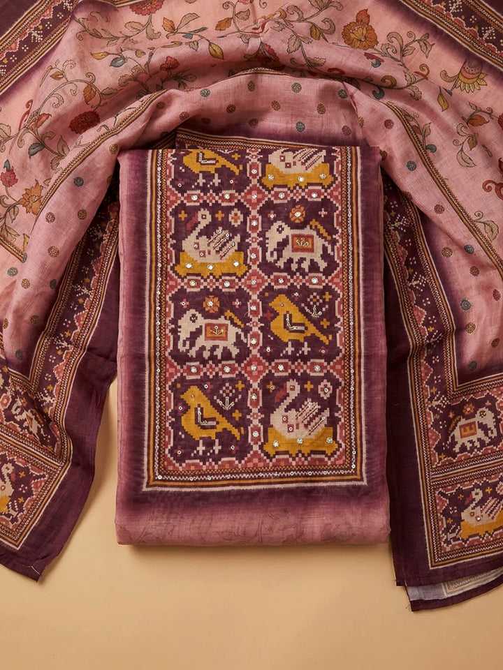 Onion Pink Chanderi Printed Unstitched Dress Material