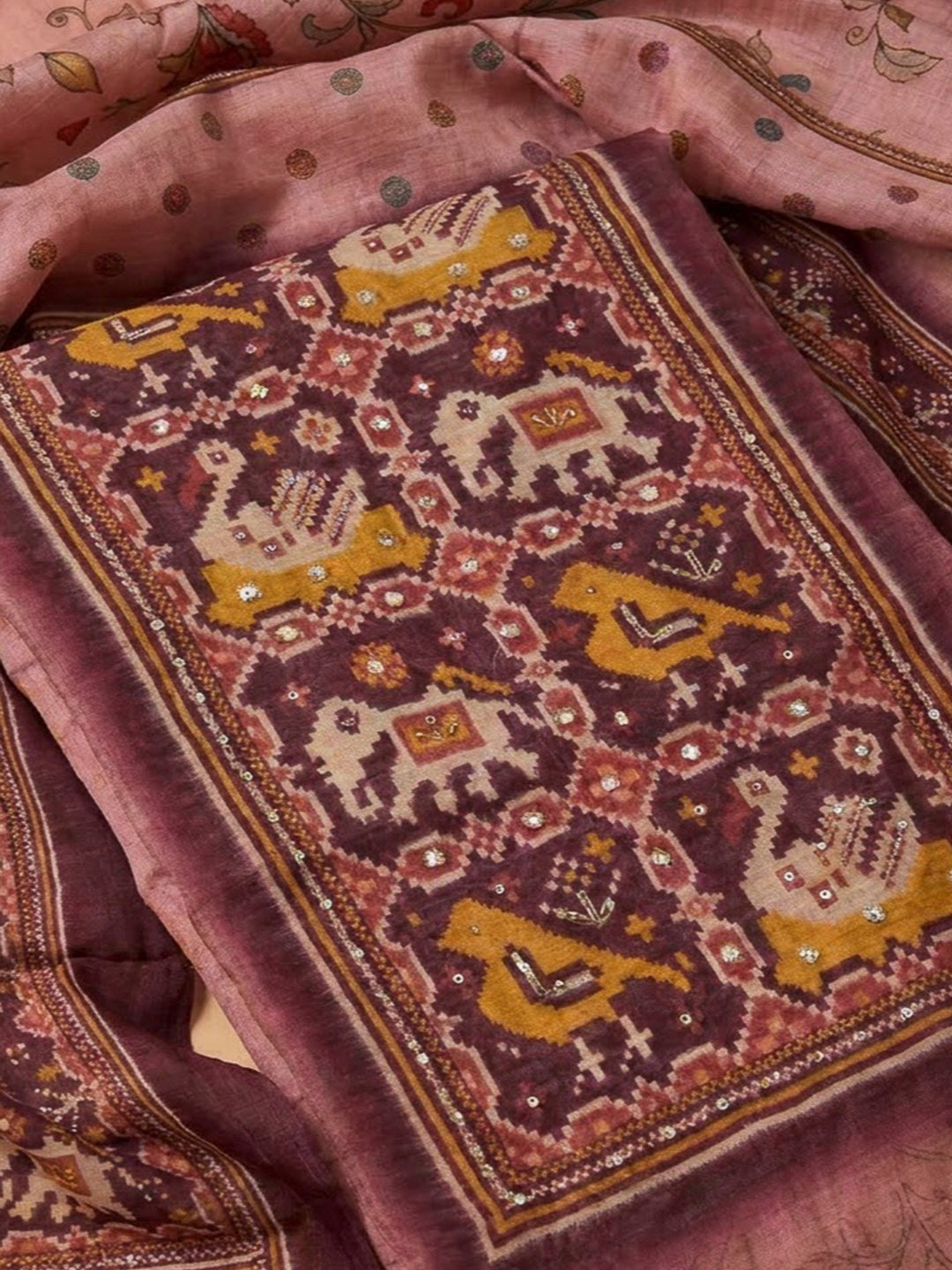 Onion Pink Chanderi Printed Unstitched Dress Material