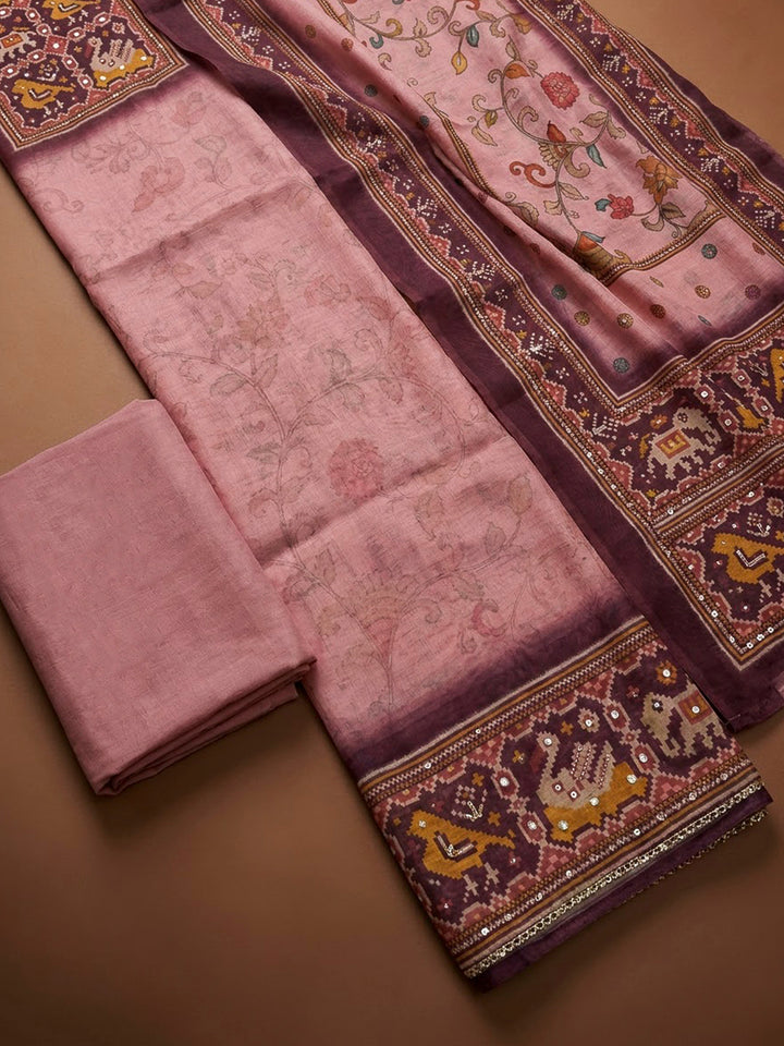 Onion Pink Chanderi Printed Unstitched Dress Material