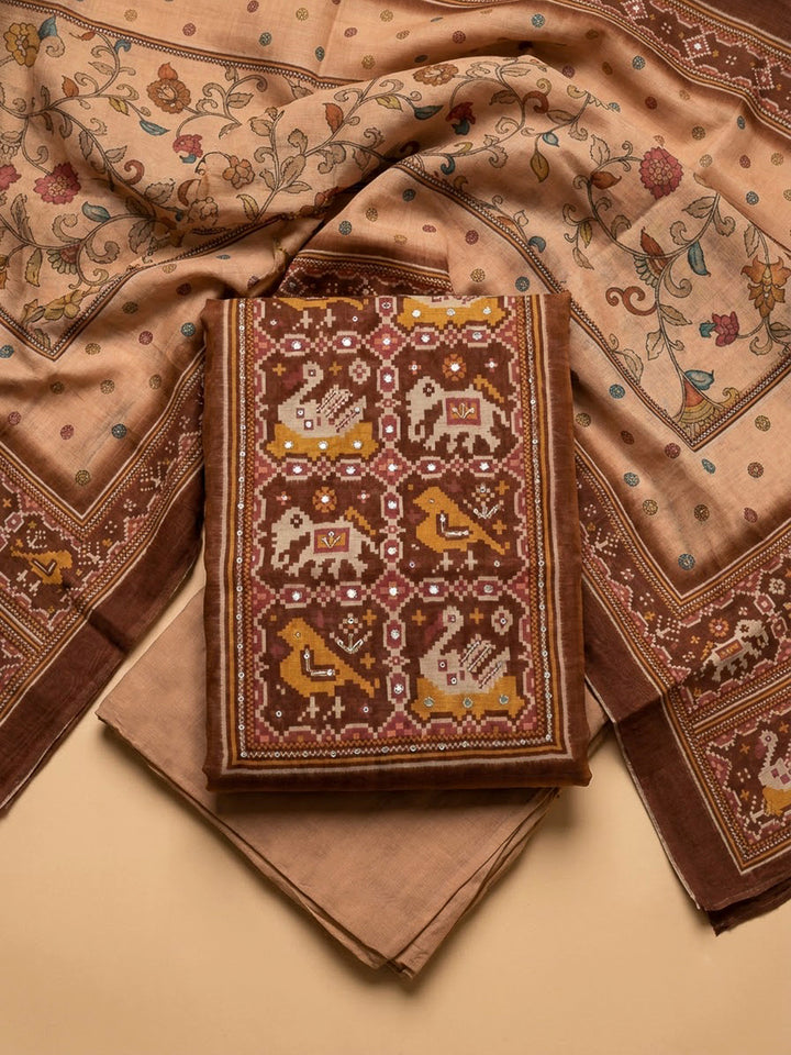 Peach Chanderi Printed Unstitched Dress Material
