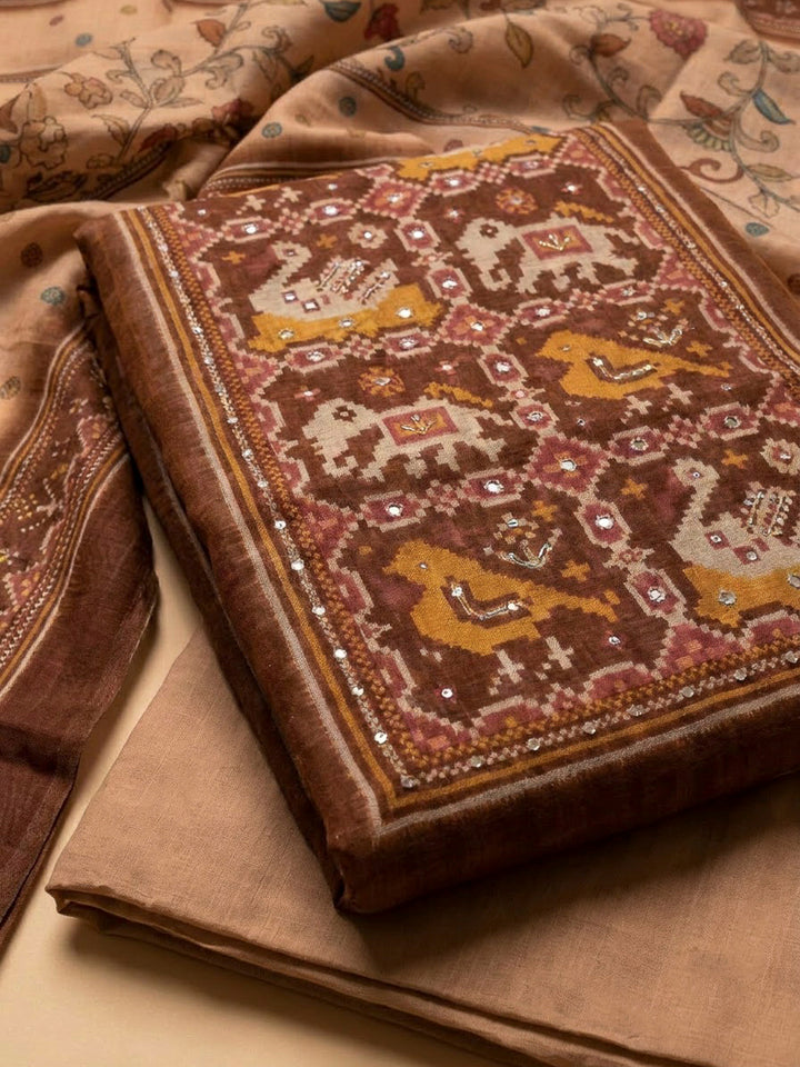 Peach Chanderi Printed Unstitched Dress Material