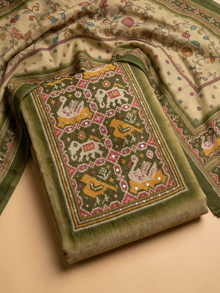 Pista Green Chanderi Printed Unstitched Dress Material