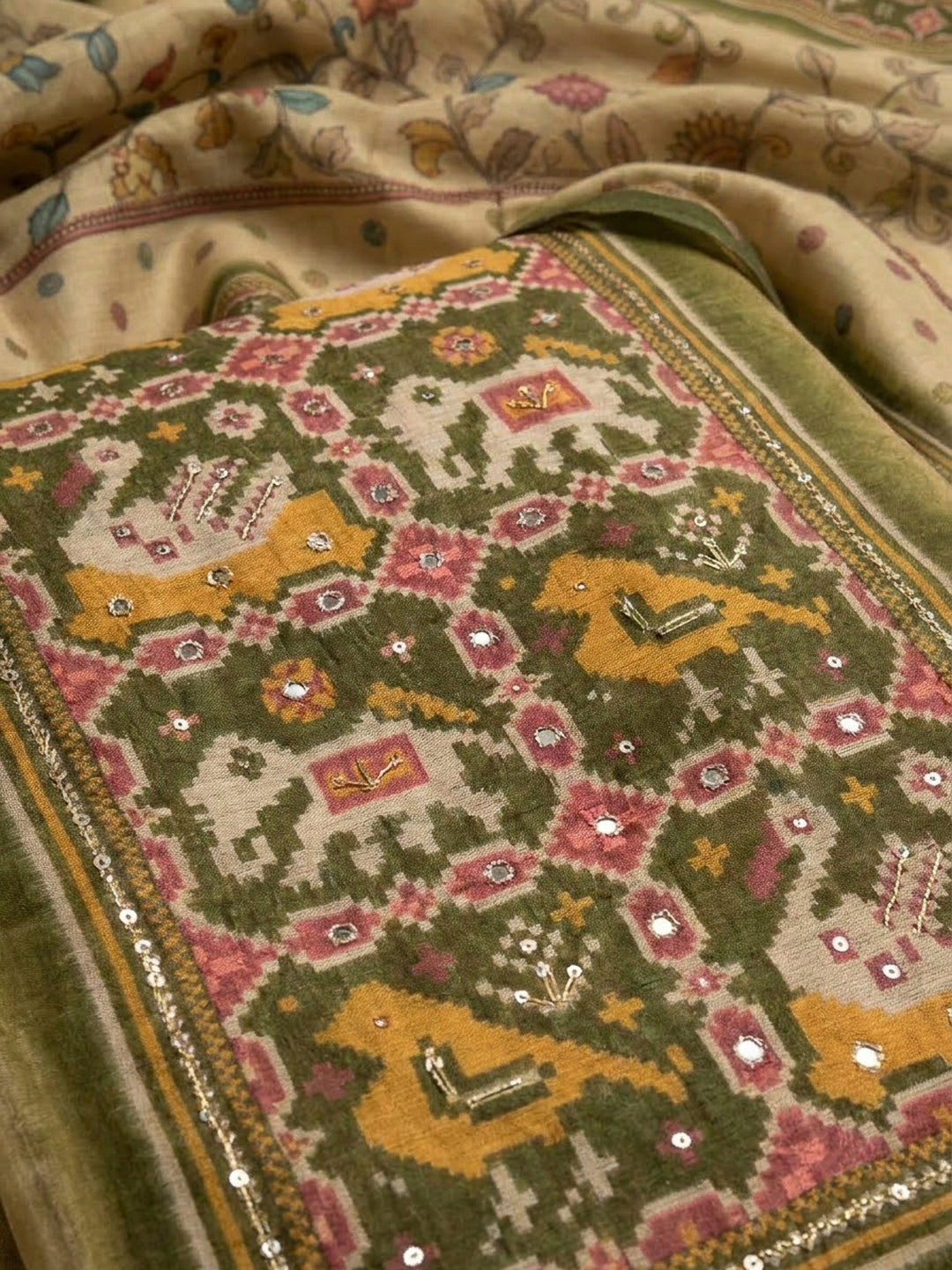 Pista Green Chanderi Printed Unstitched Dress Material