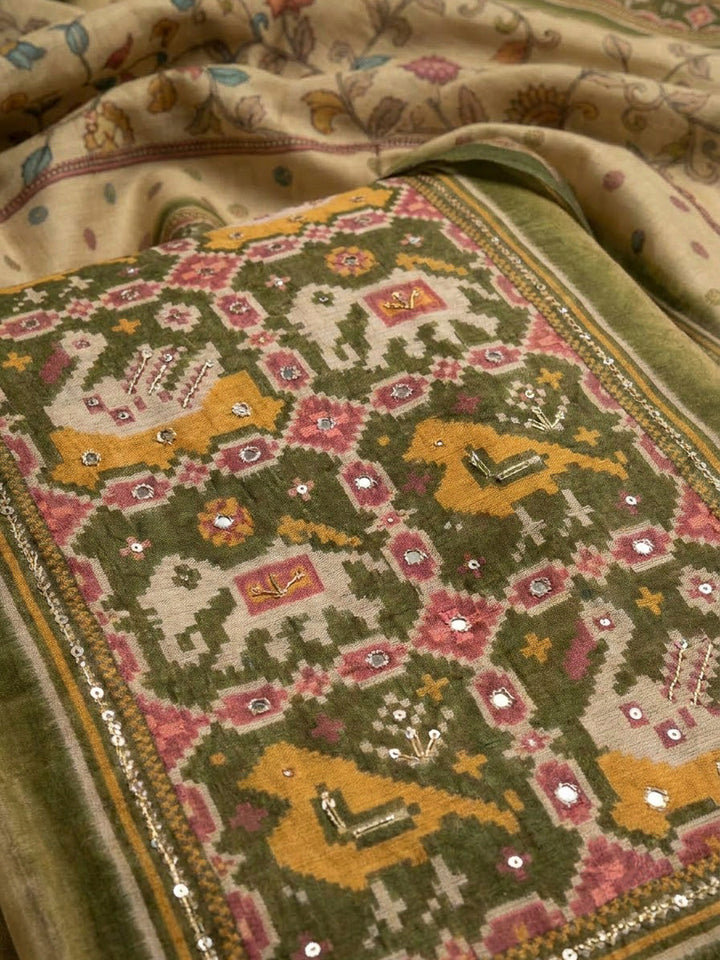Pista Green Chanderi Printed Unstitched Dress Material