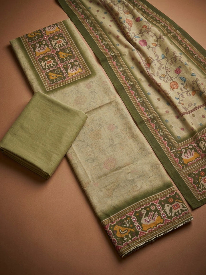 Pista Green Chanderi Printed Unstitched Dress Material
