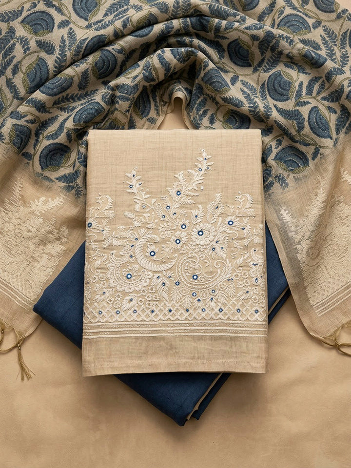 Off White Chanderi Printed Unstitched Dress Material