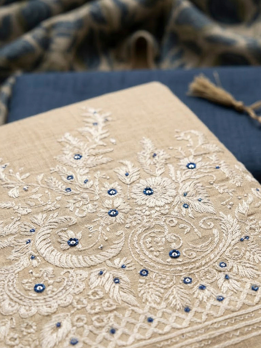 Off White Chanderi Printed Unstitched Dress Material