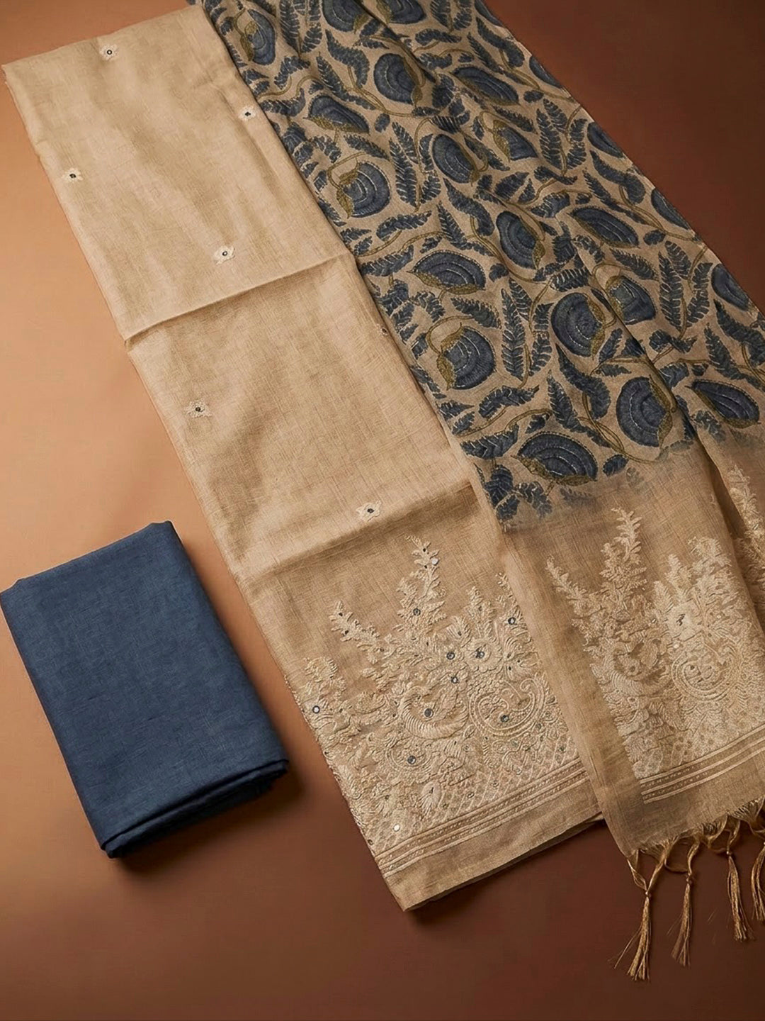 Off White Chanderi Printed Unstitched Dress Material