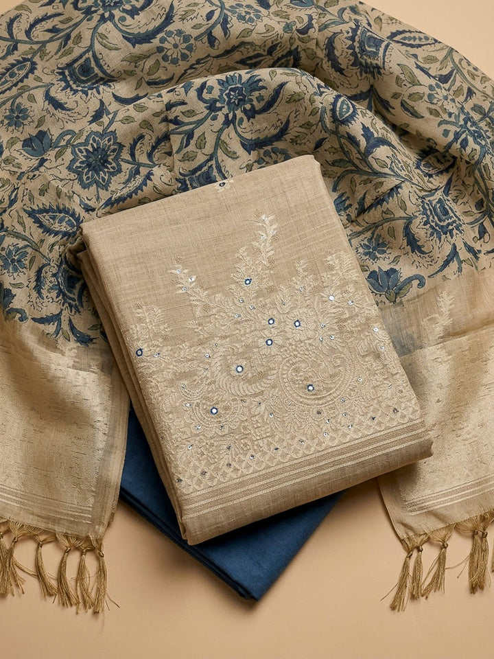 Off White Chanderi Printed Unstitched Dress Material