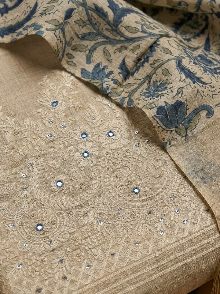 Off White Chanderi Printed Unstitched Dress Material