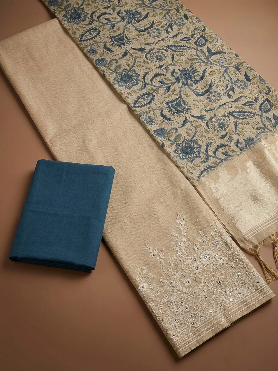 Off White Chanderi Printed Unstitched Dress Material