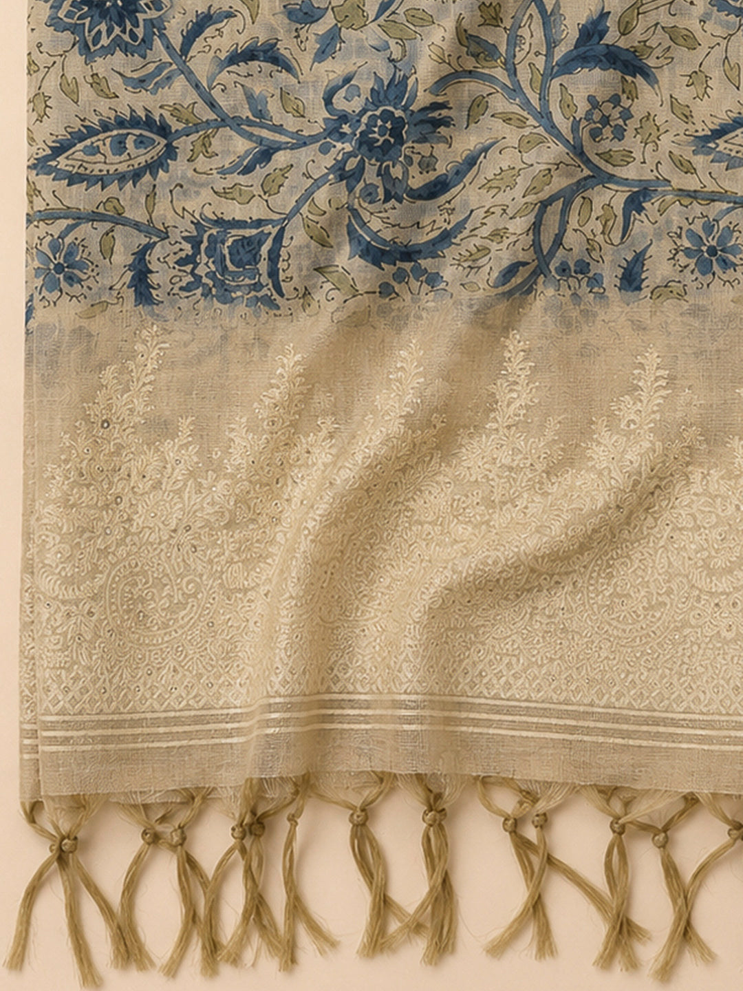 Off White Chanderi Printed Unstitched Dress Material