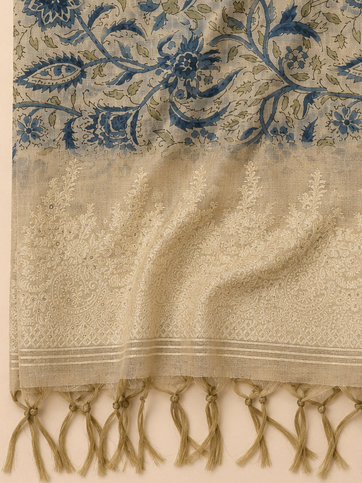Off White Chanderi Printed Unstitched Dress Material