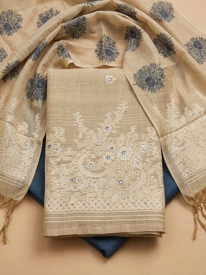 Off White Chanderi Printed Unstitched Dress Material