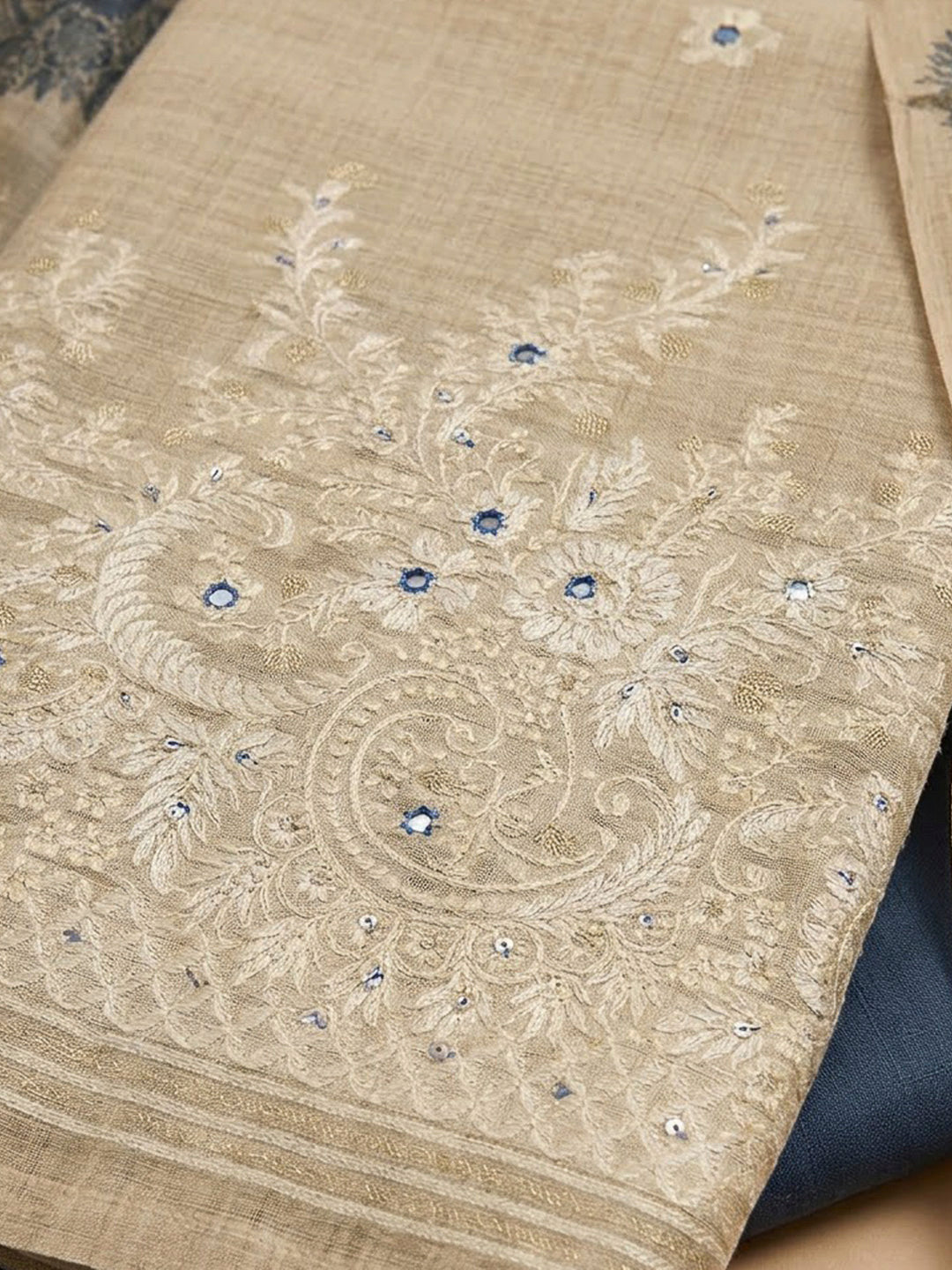 Off White Chanderi Printed Unstitched Dress Material