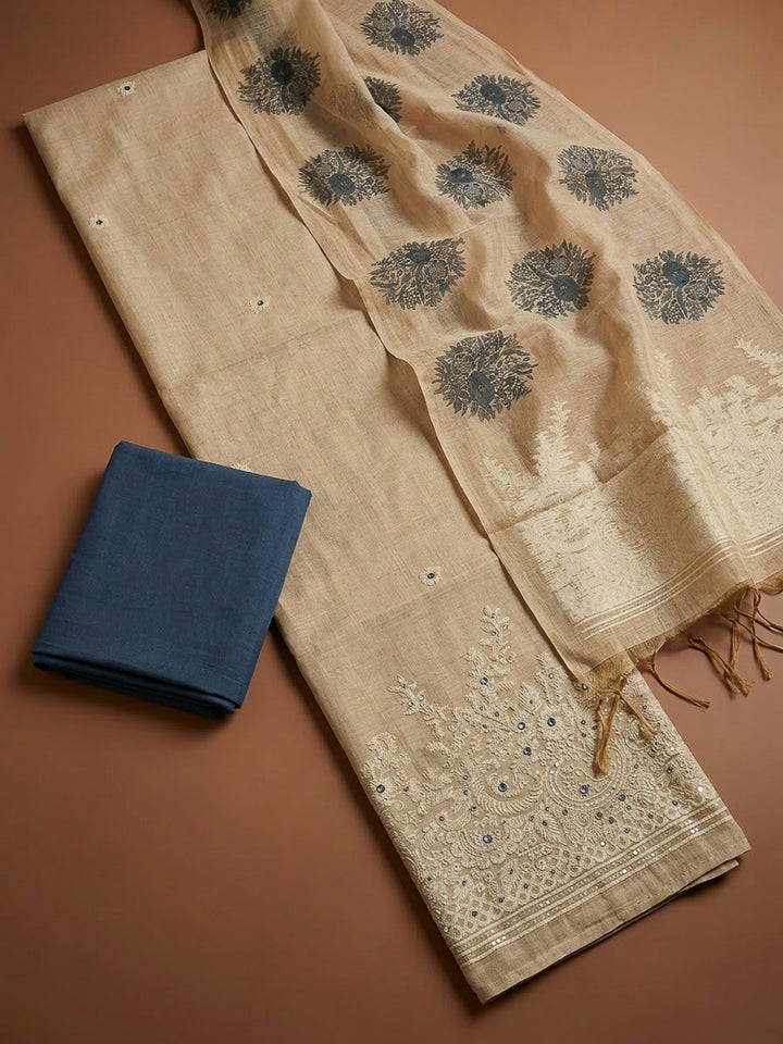 Off White Chanderi Printed Unstitched Dress Material