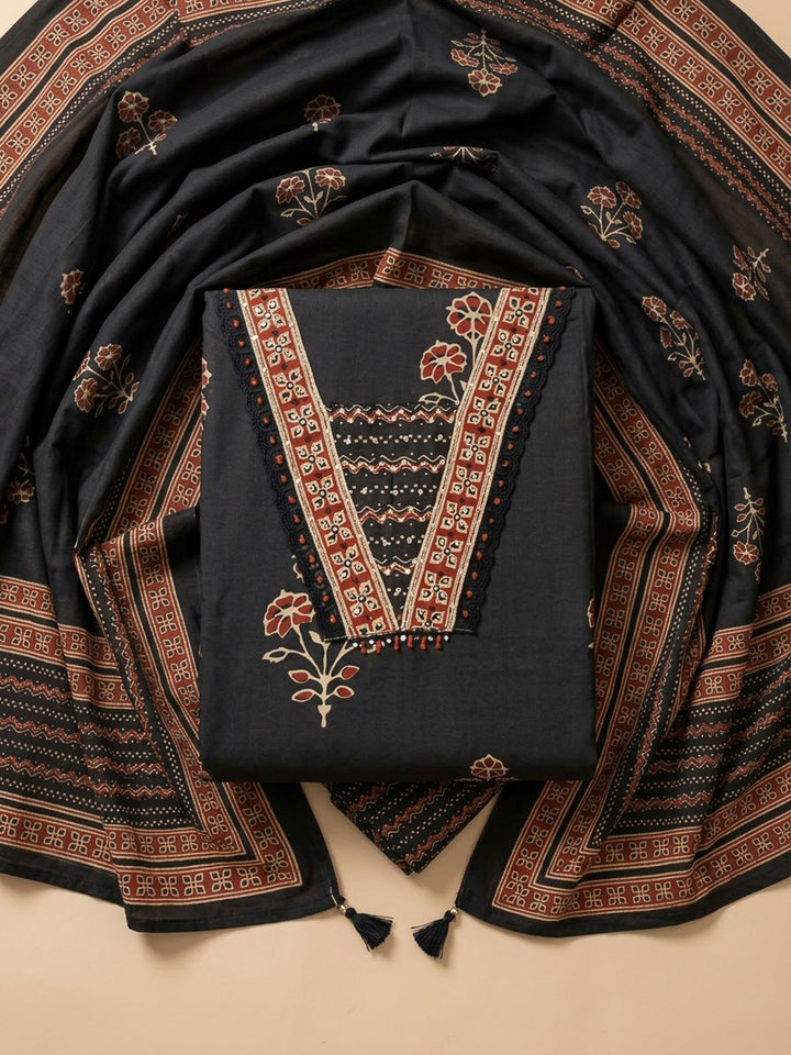 Black Cotton Blend Printed Unstitched Dress Material