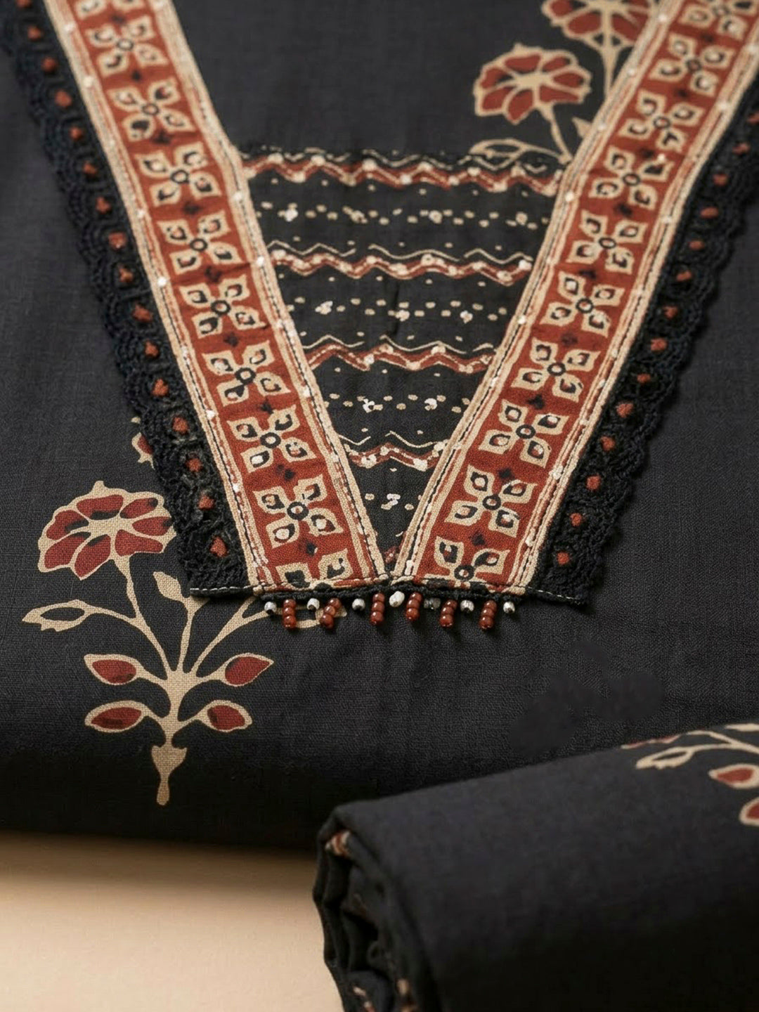 Black Cotton Blend Printed Unstitched Dress Material