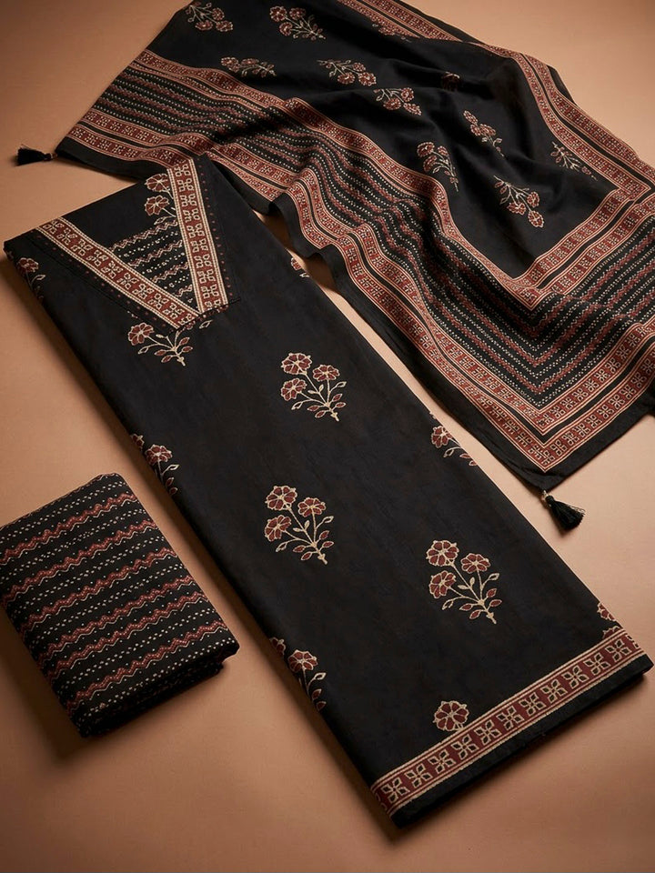 Black Cotton Blend Printed Unstitched Dress Material