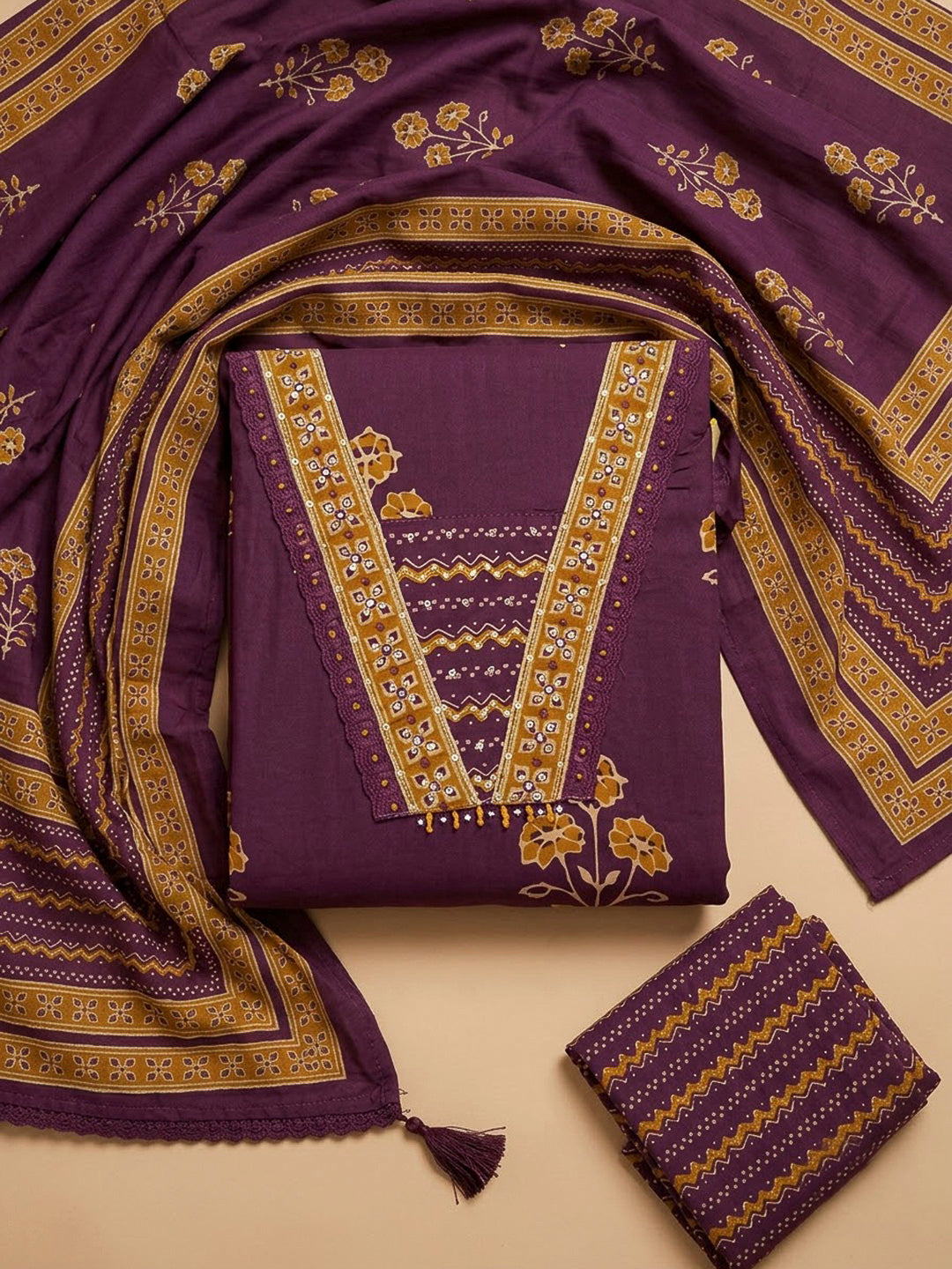 Purple Cotton Blend Printed Unstitched Dress Material