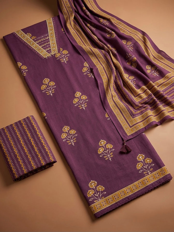 Purple Cotton Blend Printed Unstitched Dress Material
