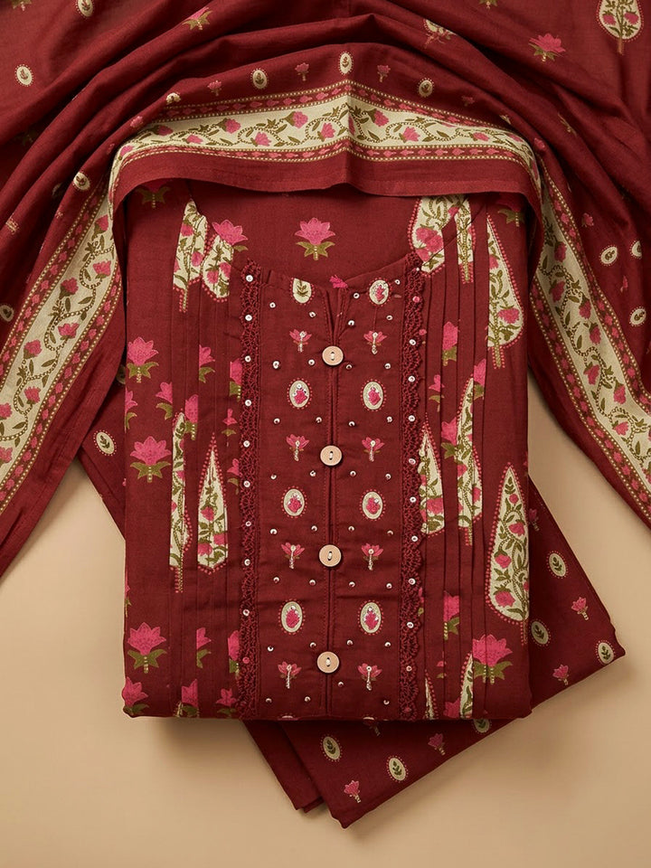 Maroon Chanderi Printed Unstitched Dress Material