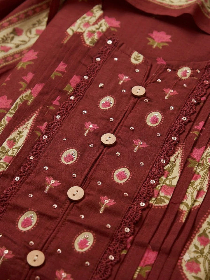 Maroon Chanderi Printed Unstitched Dress Material