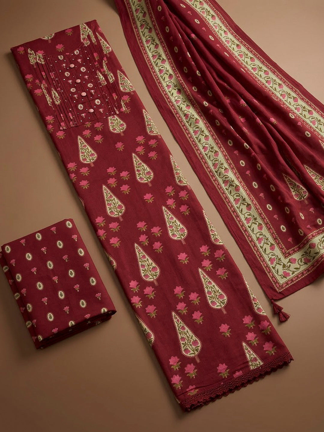 Maroon Chanderi Printed Unstitched Dress Material