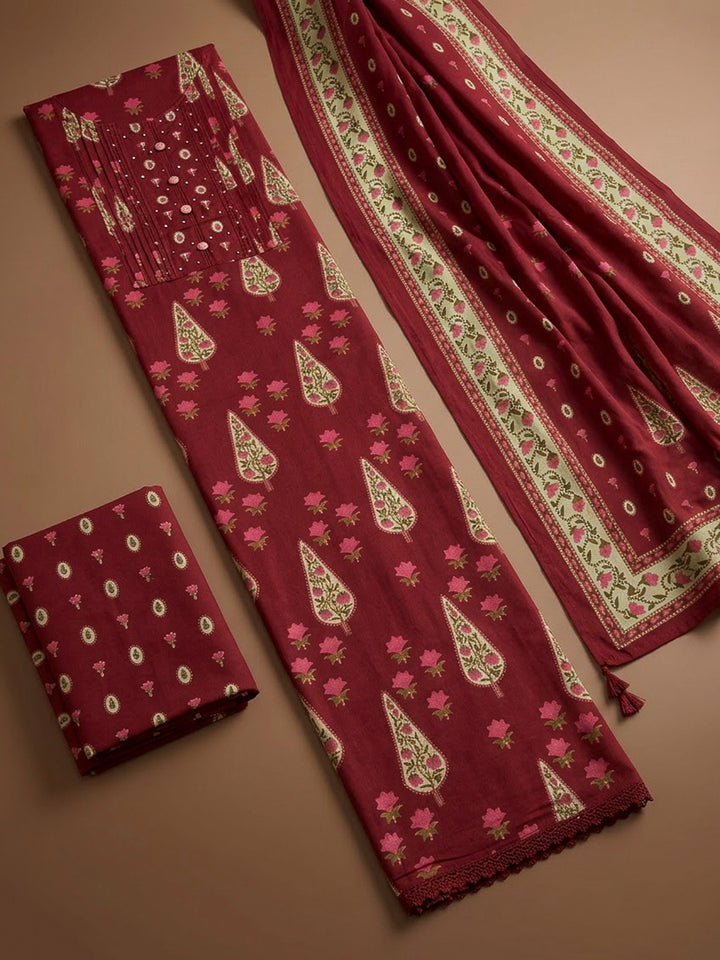 Maroon Chanderi Printed Unstitched Dress Material