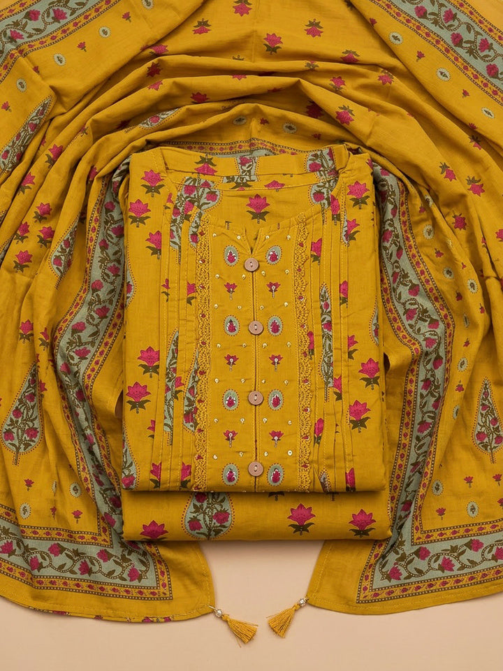 Mustard Chanderi Printed Unstitched Dress Material