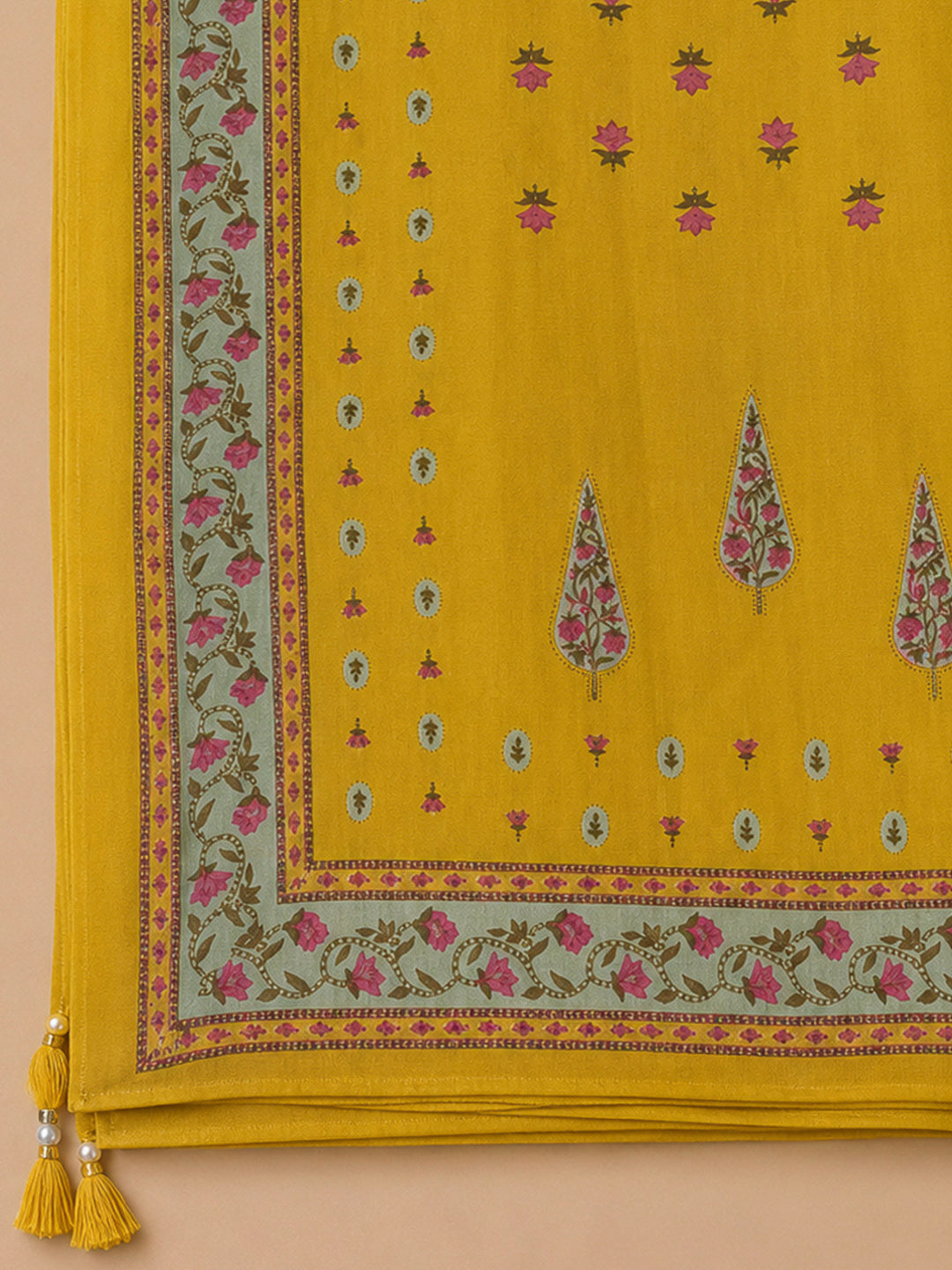 Mustard Chanderi Printed Unstitched Dress Material